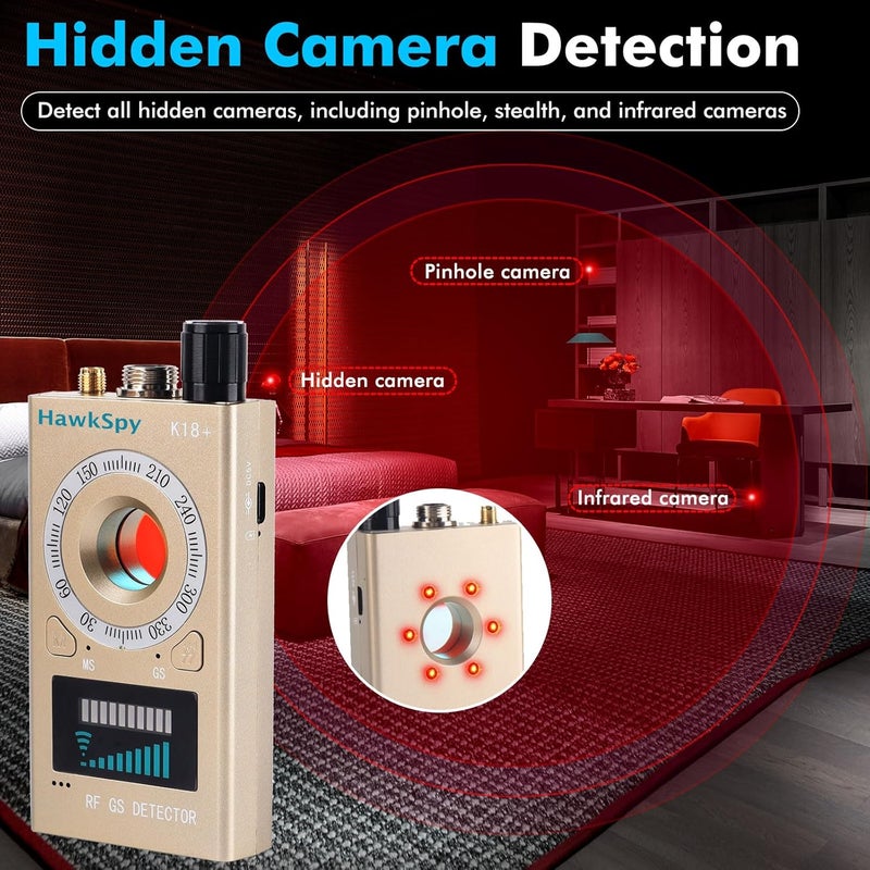 HawkSpy K18 Hidden Camera Detectors Bug & GPS Tracker Scanner Spy Camera Finder for Hidden Devices Listening Device Scanner with Sound & Vibration Alarm Portable Privacy Protection（Gold - Image 3